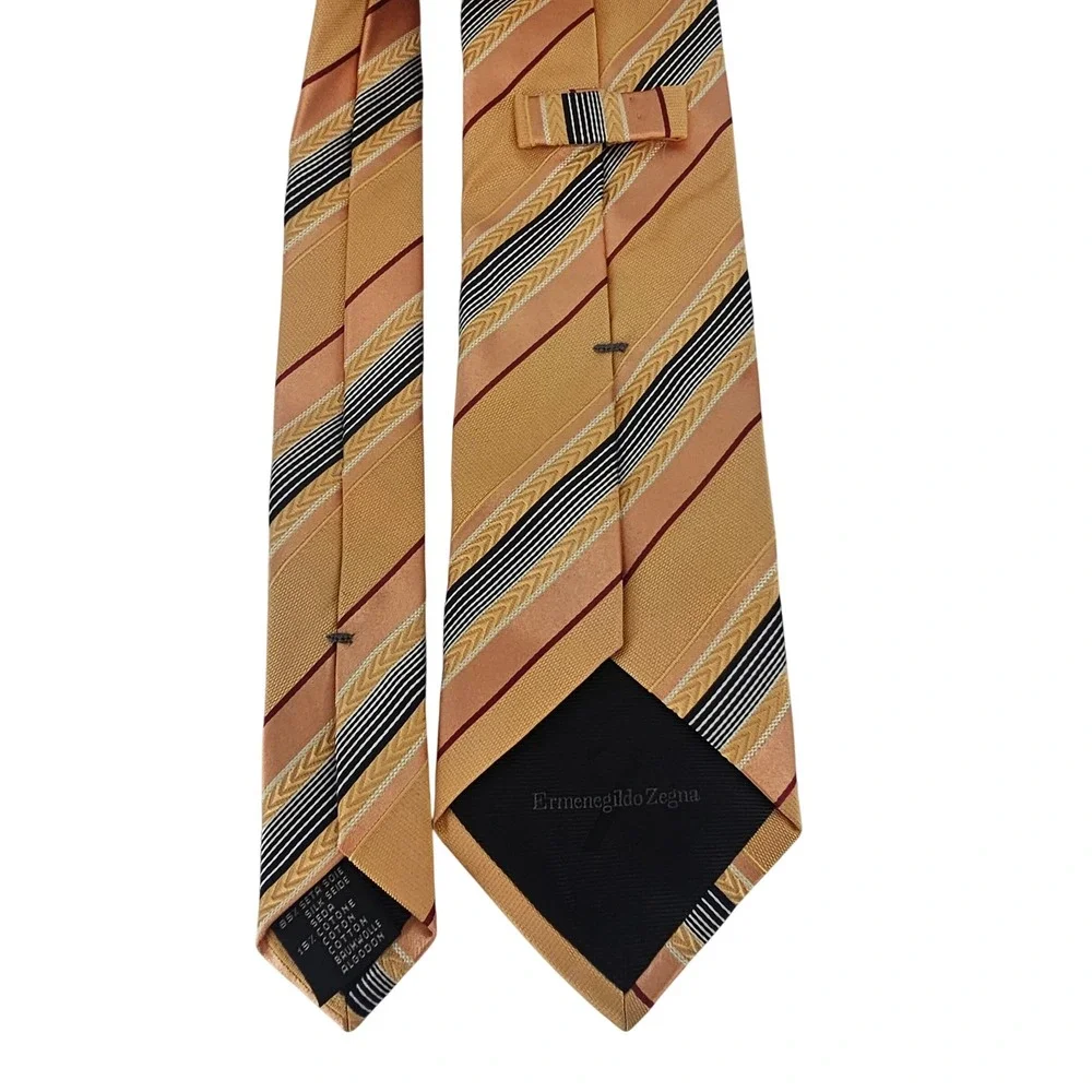 Ermenegildo Zegna Silk Cotton Striped Tie Gold Peach Navy‎ Italian Luxury Preppy